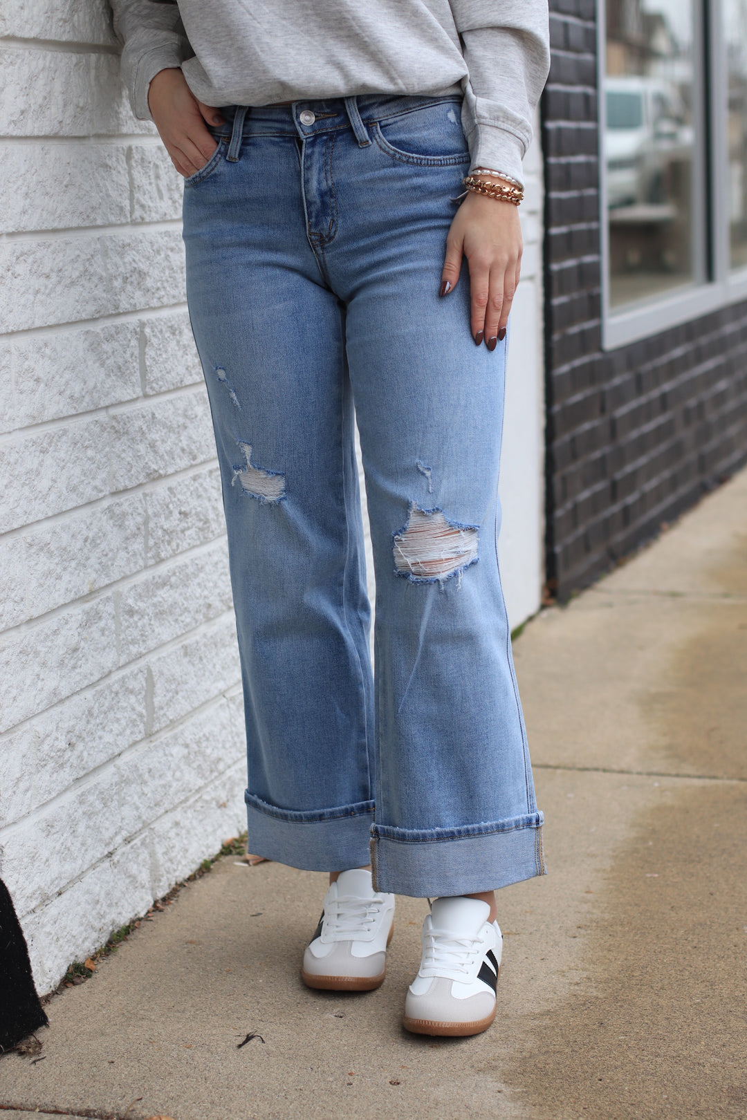 The Triple Up Mid Rise Ankle Cuffed Wide Denim Jeans