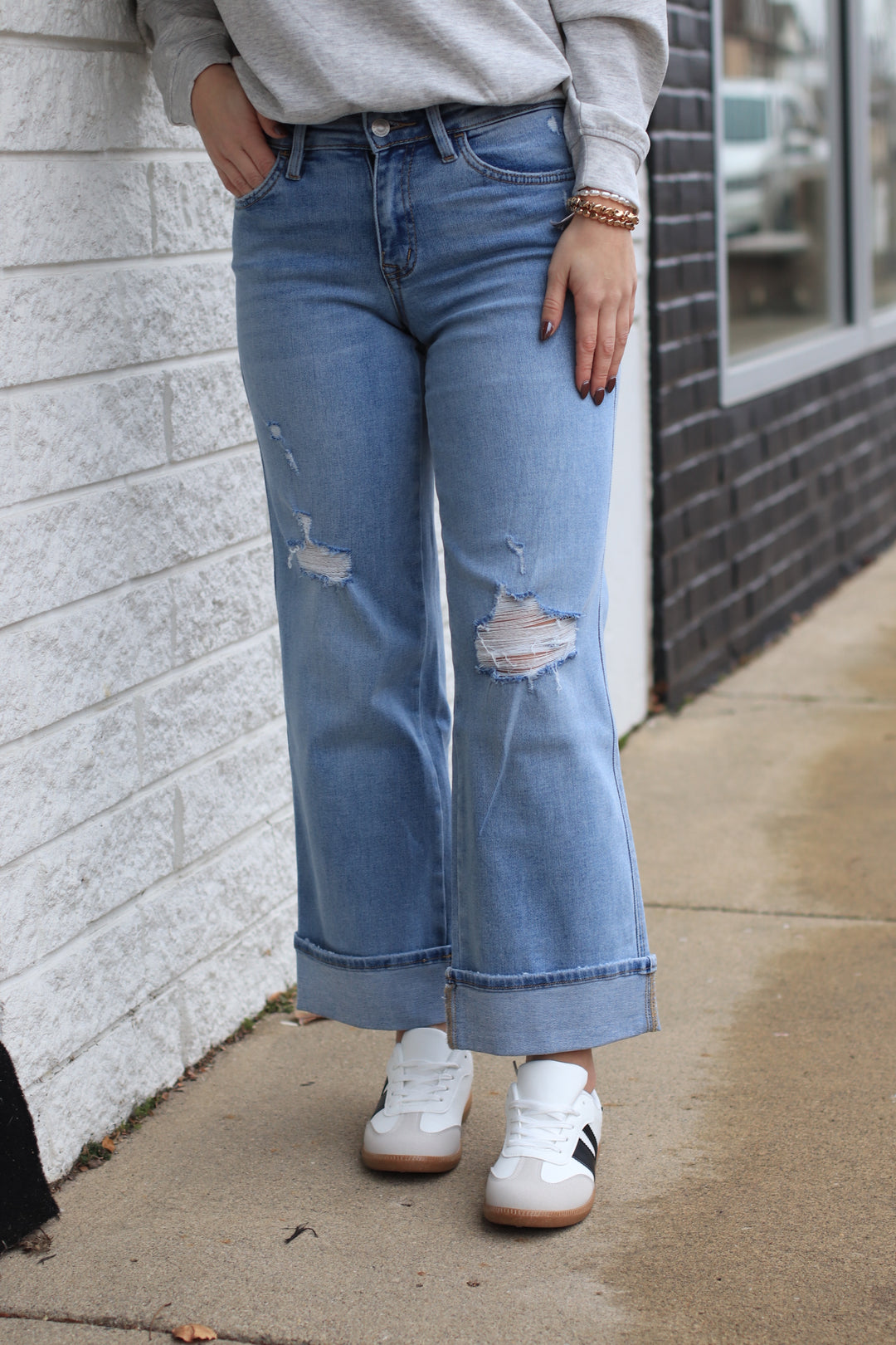 The Triple Up Mid Rise Ankle Cuffed Wide Denim Jeans