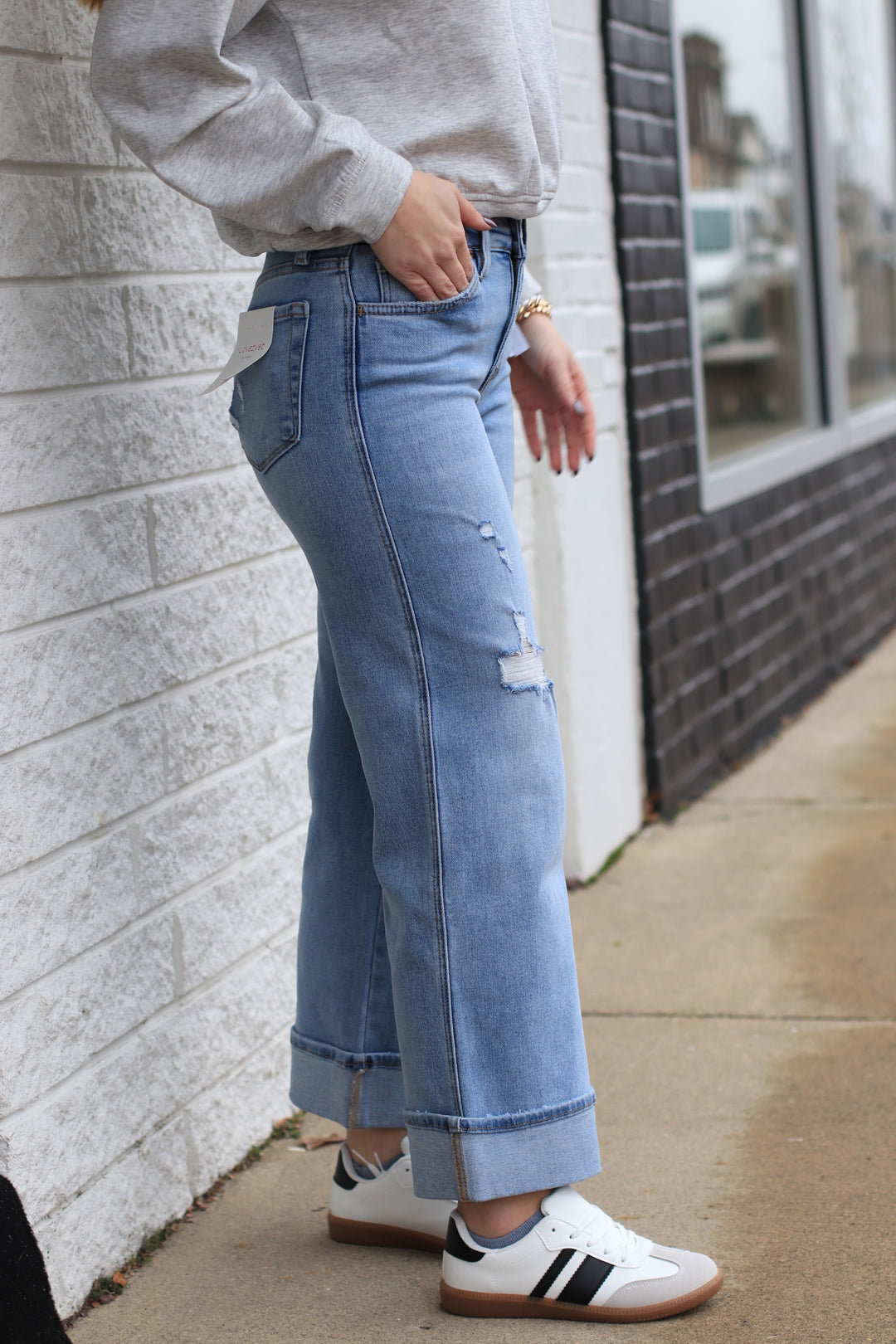 The Triple Up Mid Rise Ankle Cuffed Wide Denim Jeans