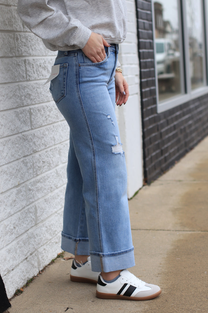 The Triple Up Mid Rise Ankle Cuffed Wide Denim Jeans