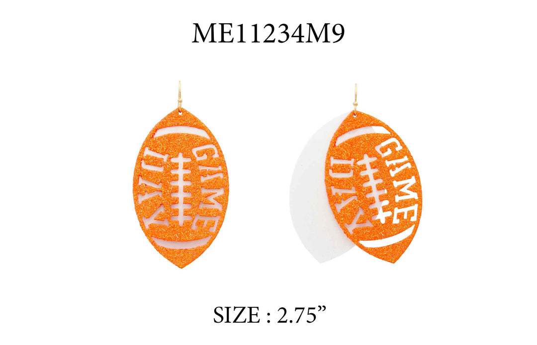 White Metal and Orange Glitter Gameday Football 2" Earrings