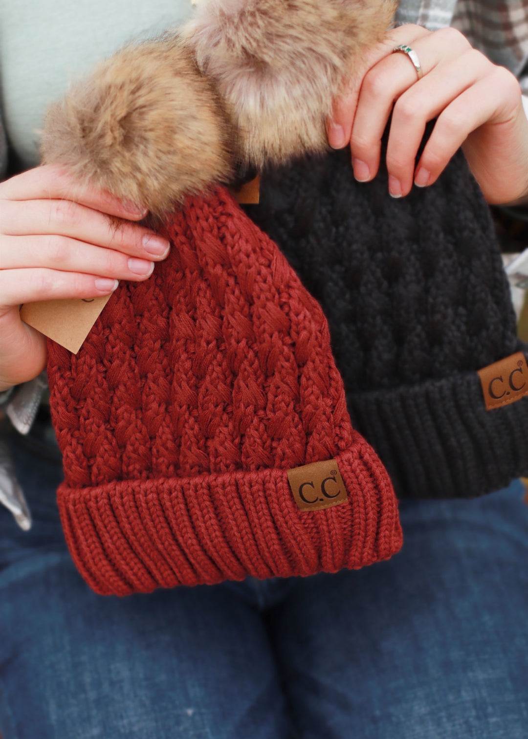 Lt. Grey Solid Lattice Stitch Fur Pom CC Beanie