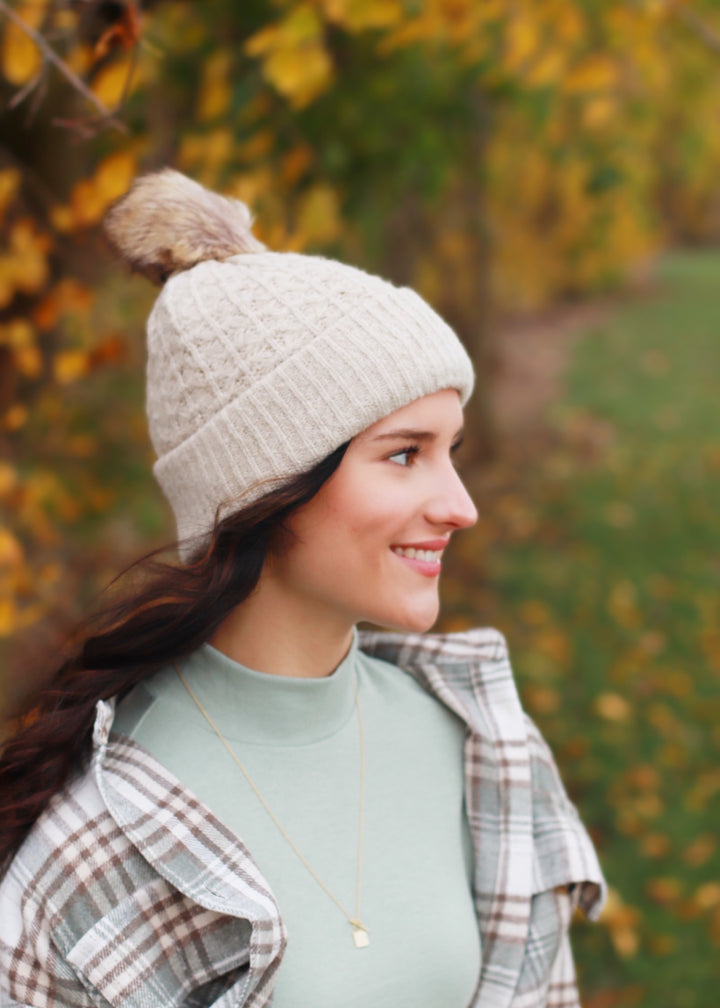 Black Solid Smocked Stitch Fur Pom C.C Beanie