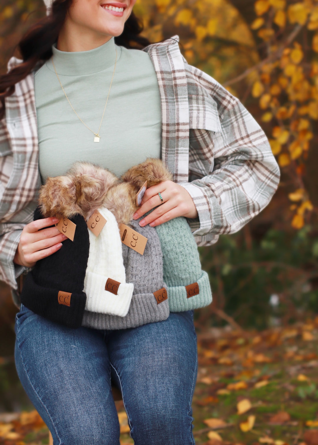 Black Solid Smocked Stitch Fur Pom C.C Beanie