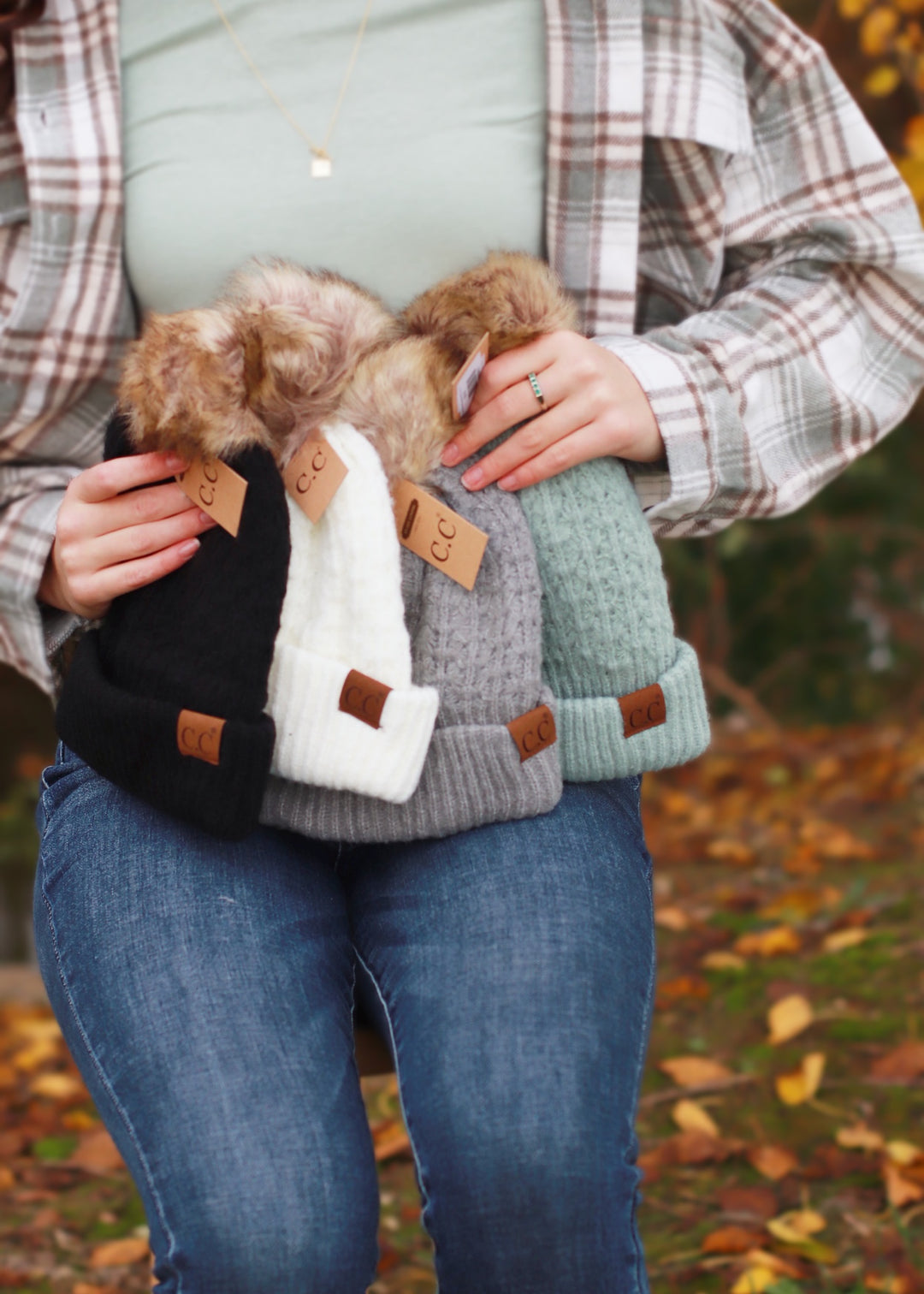 Black Solid Smocked Stitch Fur Pom C.C Beanie