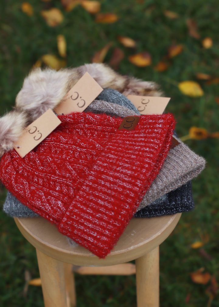 Crimson  Soft Cuff Cable Knit Fur Pom C.C Beanie