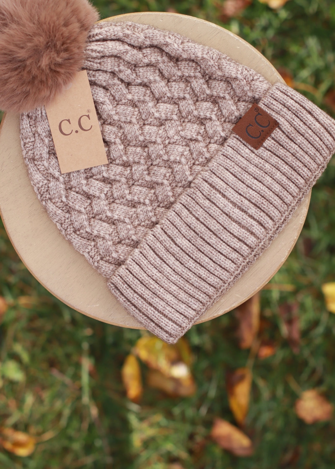 Taupe  Woven Cable Knit Cuffed Matching Fur Pom C.C Beanie