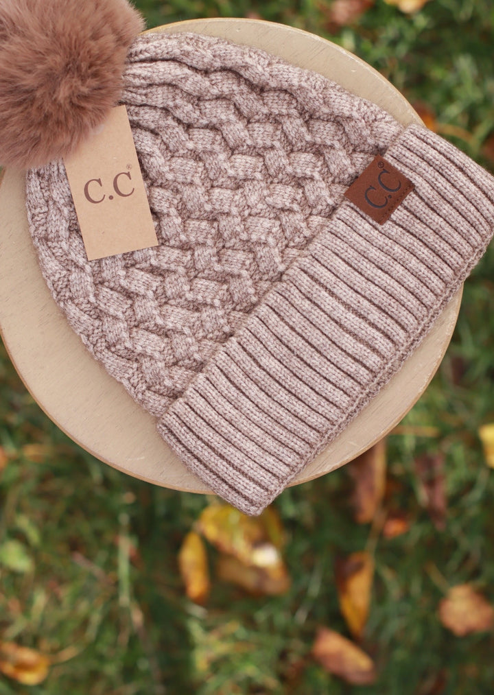 Taupe  Woven Cable Knit Cuffed Matching Fur Pom C.C Beanie