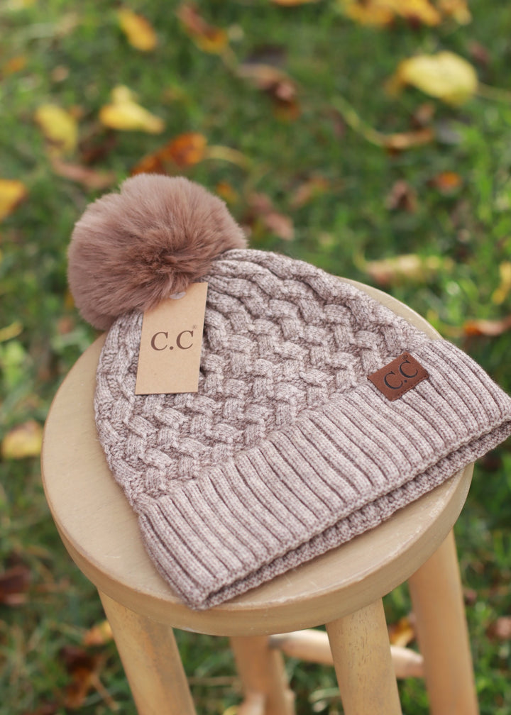 Taupe  Woven Cable Knit Cuffed Matching Fur Pom C.C Beanie