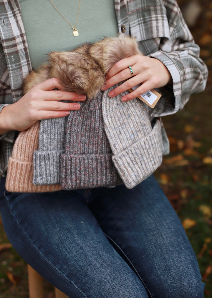 Sand Soft Ribbed Fur Pom C.C Beanie