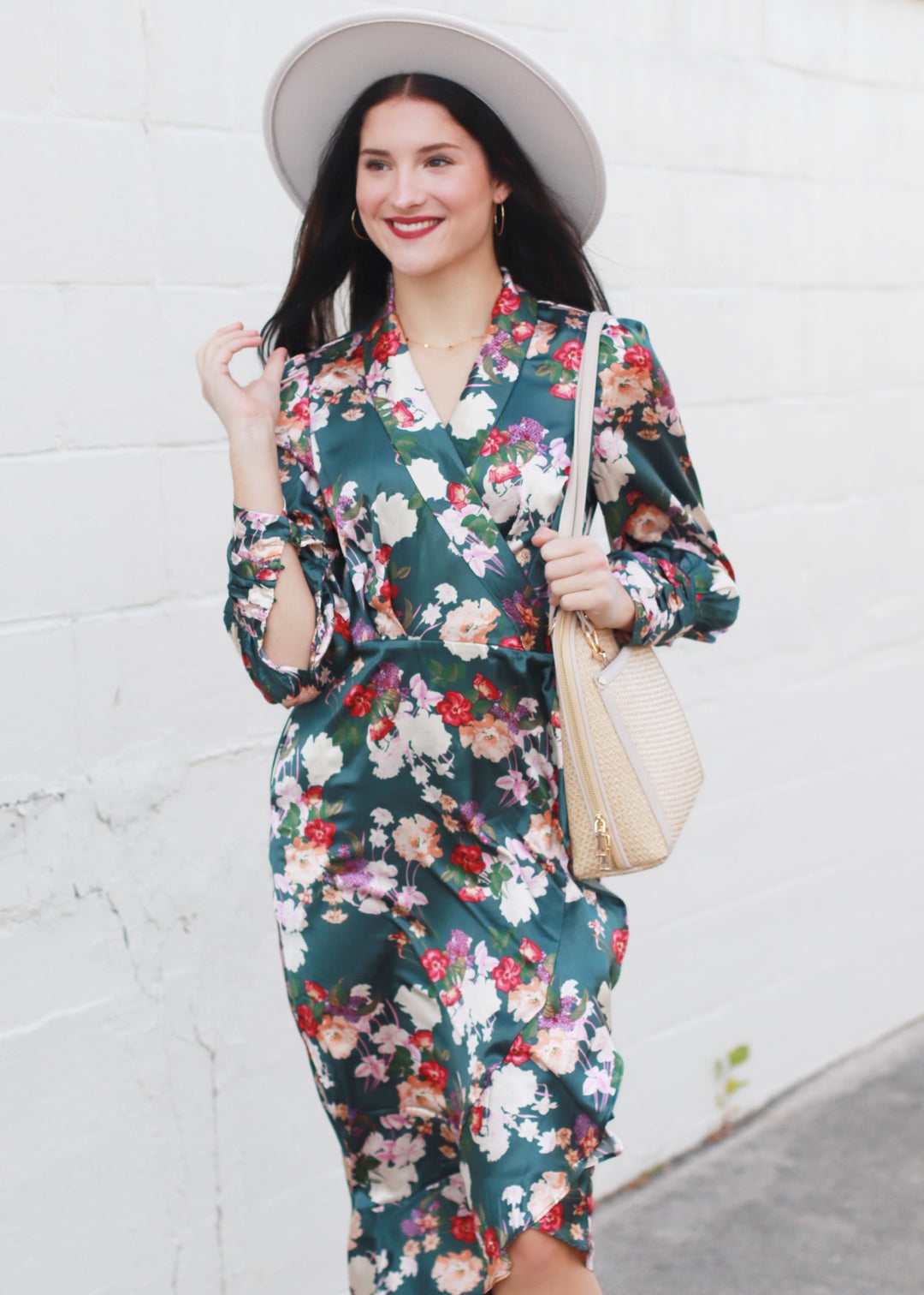 CLEARANCE FINAL SALE Karin Floral Print Long Seeve Satin Wrap Midi Dress