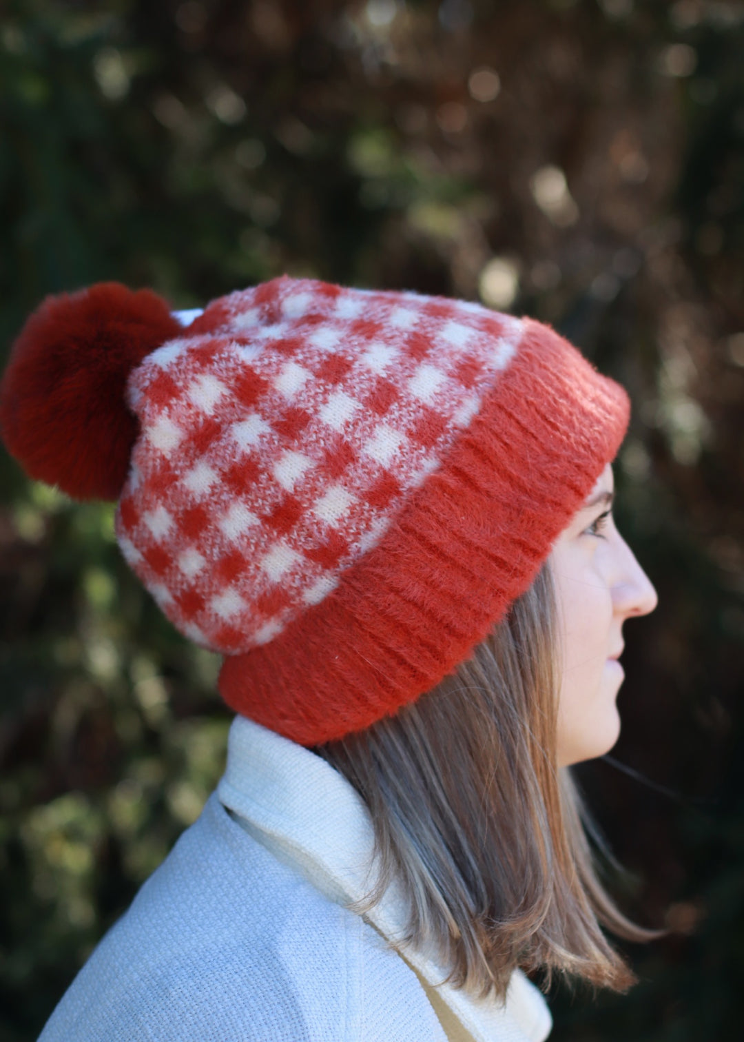 CLEARANCE FINAL SALE Fuzzy Pompom Plaid Beanie Fuzzy in Rust