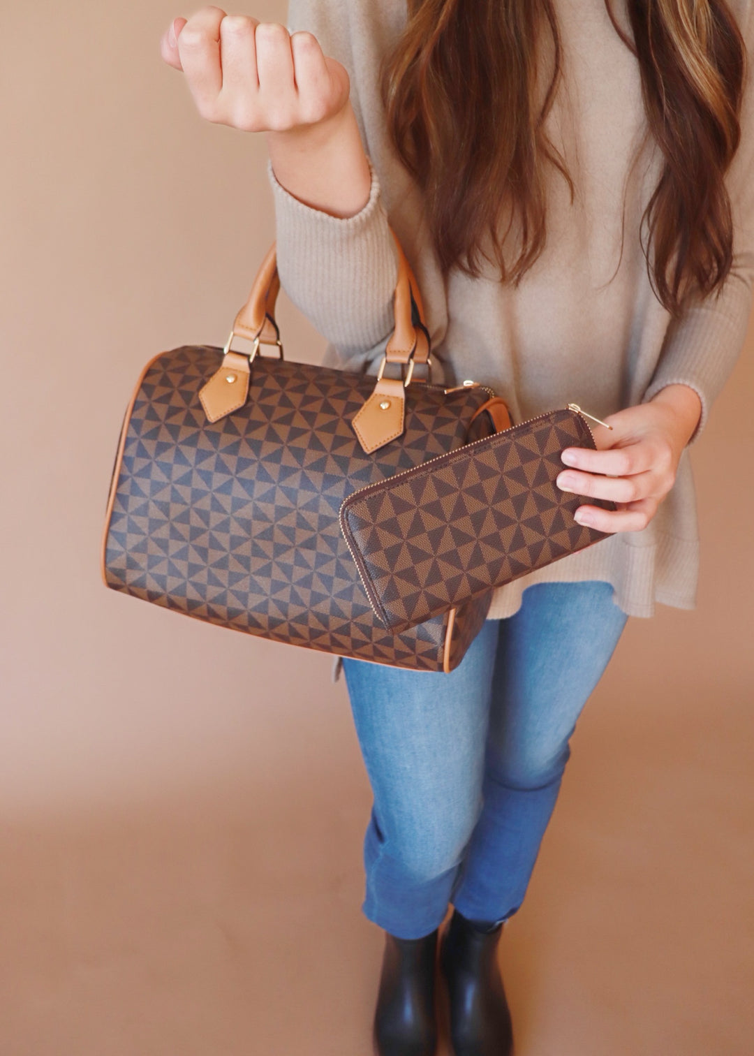 Meghan 2 -piece Bag + Wallet Set: Brown Pinwheel