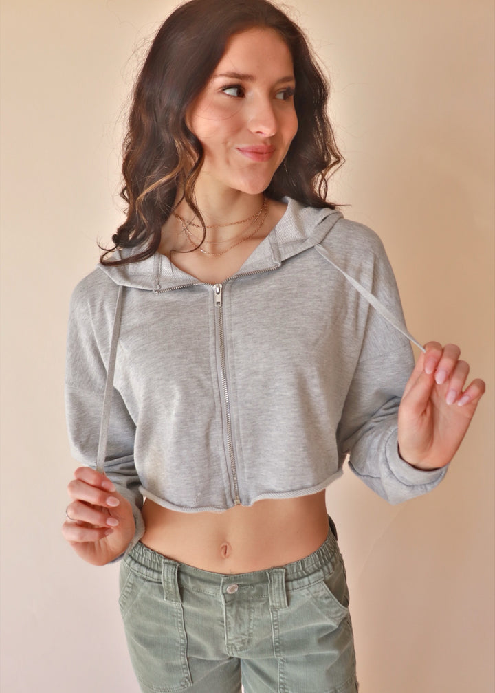 CLEARANCE FINAL SALE Crop Hoodie Zip-Up French Terry Jacket in Heather Grey