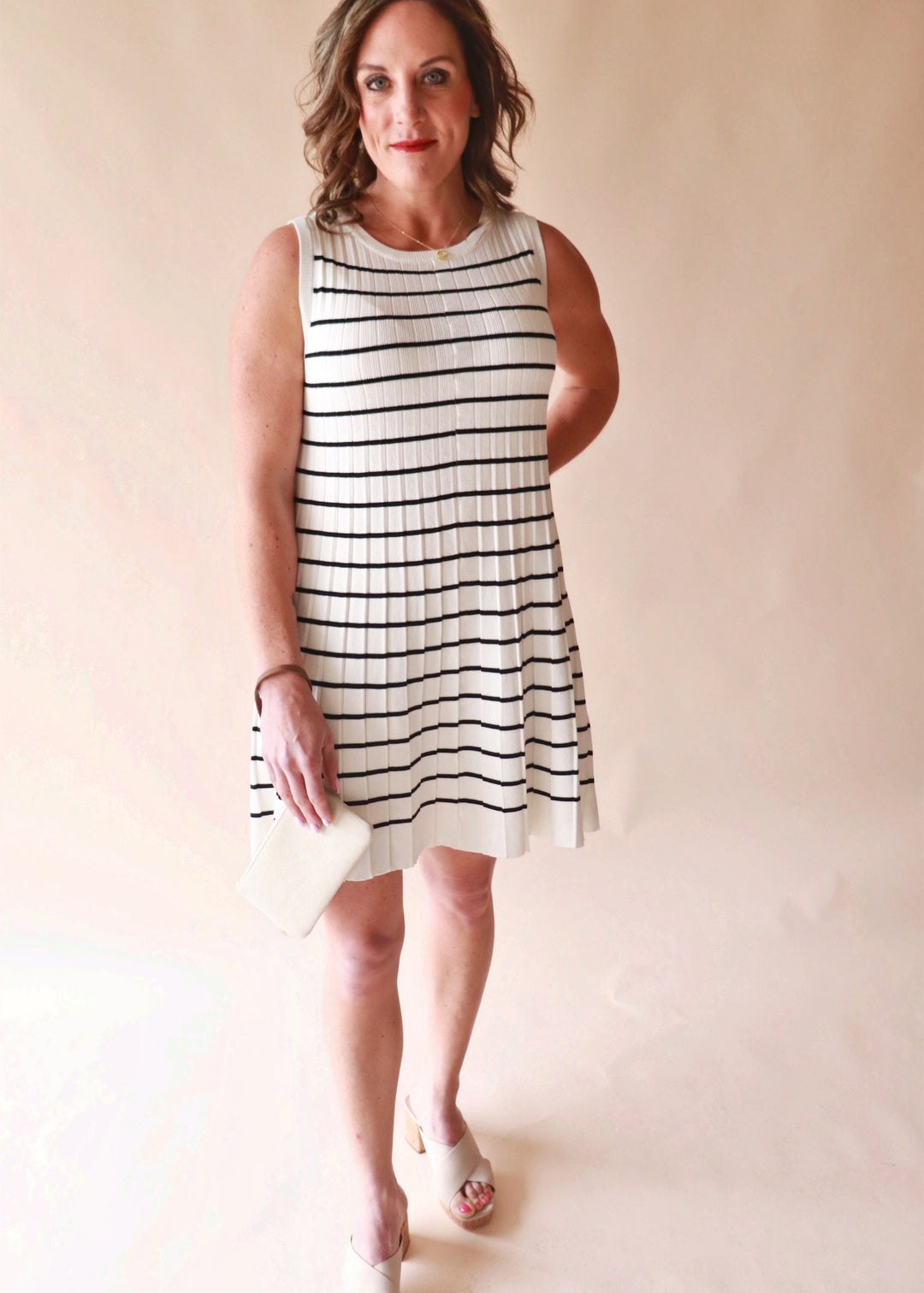 CLEARANCE FINAL SALE Jonah Ivory Striped Pleated Dress