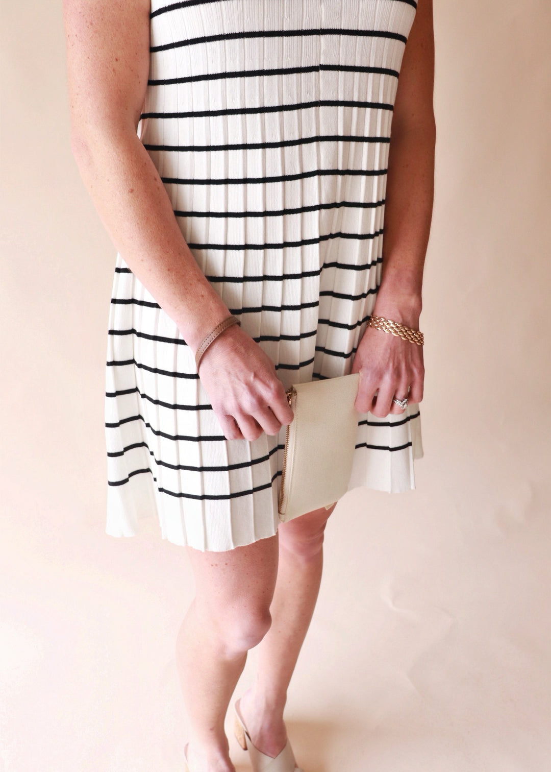 CLEARANCE FINAL SALE Jonah Ivory Striped Pleated Dress