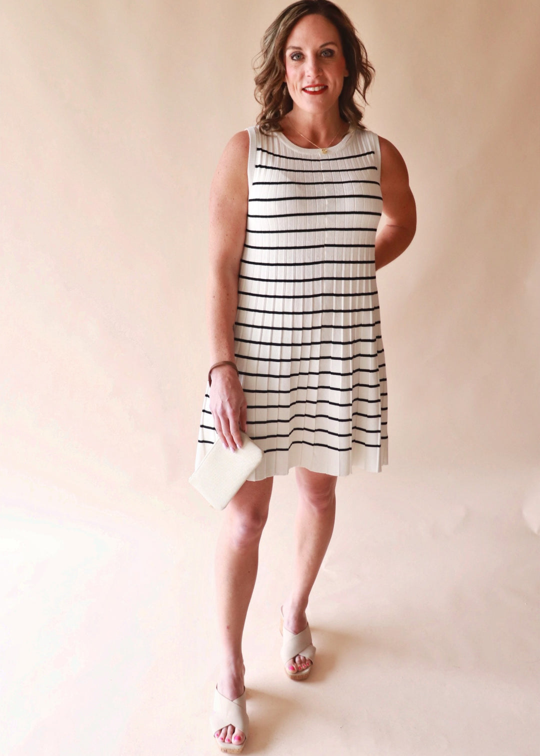 CLEARANCE FINAL SALE Jonah Ivory Striped Pleated Dress