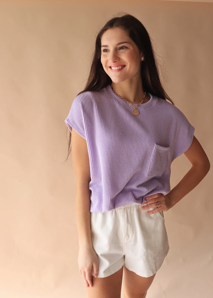 RESTOCK Breckyn Solid Ribbed Top with Pockets in Lavender