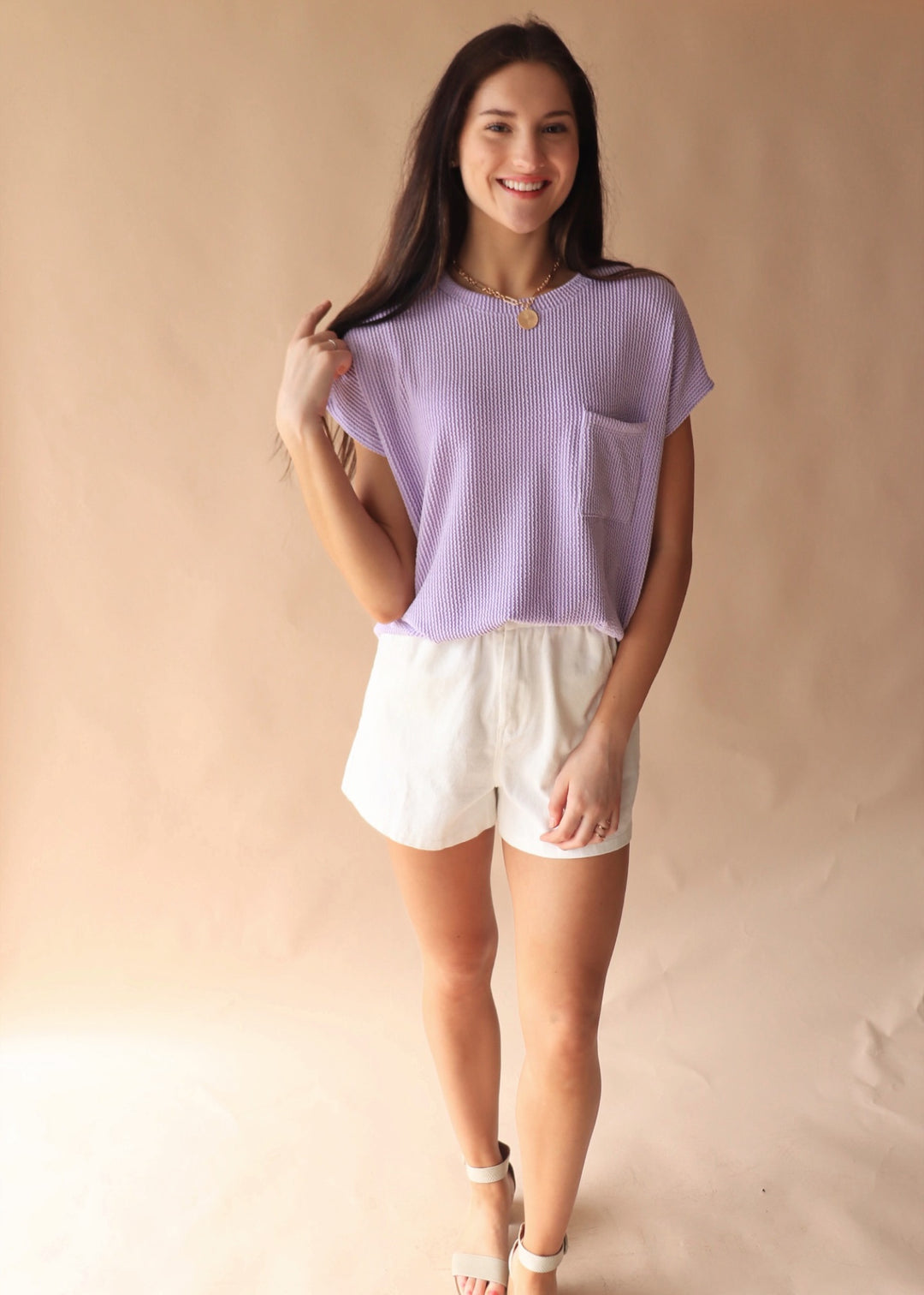 RESTOCK Breckyn Solid Ribbed Top with Pockets in Lavender