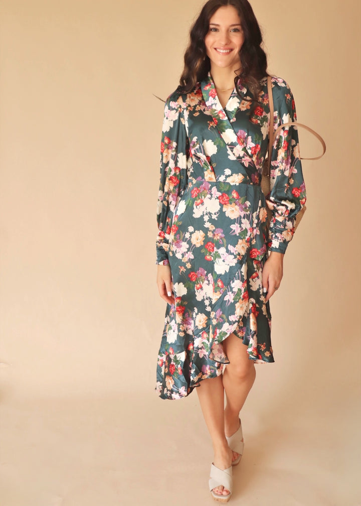 CLEARANCE FINAL SALE Karin Floral Print Long Seeve Satin Wrap Midi Dress