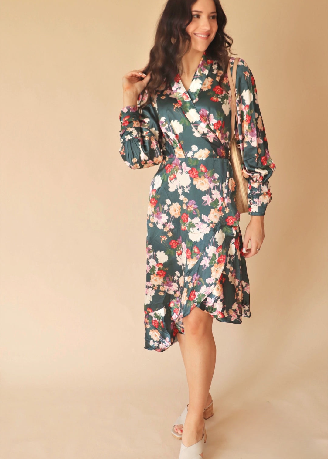 CLEARANCE FINAL SALE Karin Floral Print Long Seeve Satin Wrap Midi Dress