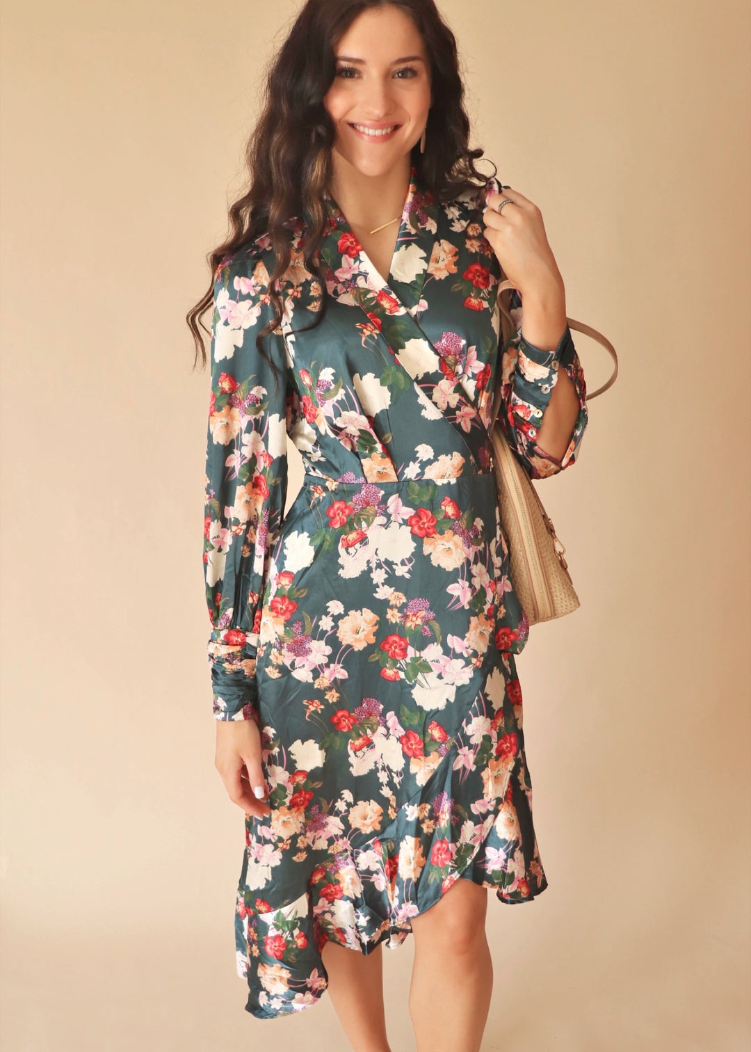 CLEARANCE FINAL SALE Karin Floral Print Long Seeve Satin Wrap Midi Dress