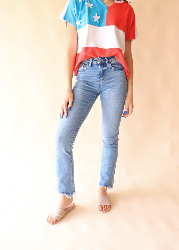 Blue Flame High Rise Mini Bootcut Denim Jeans