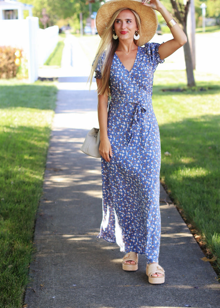 Boho Floral Print Dess in Blue