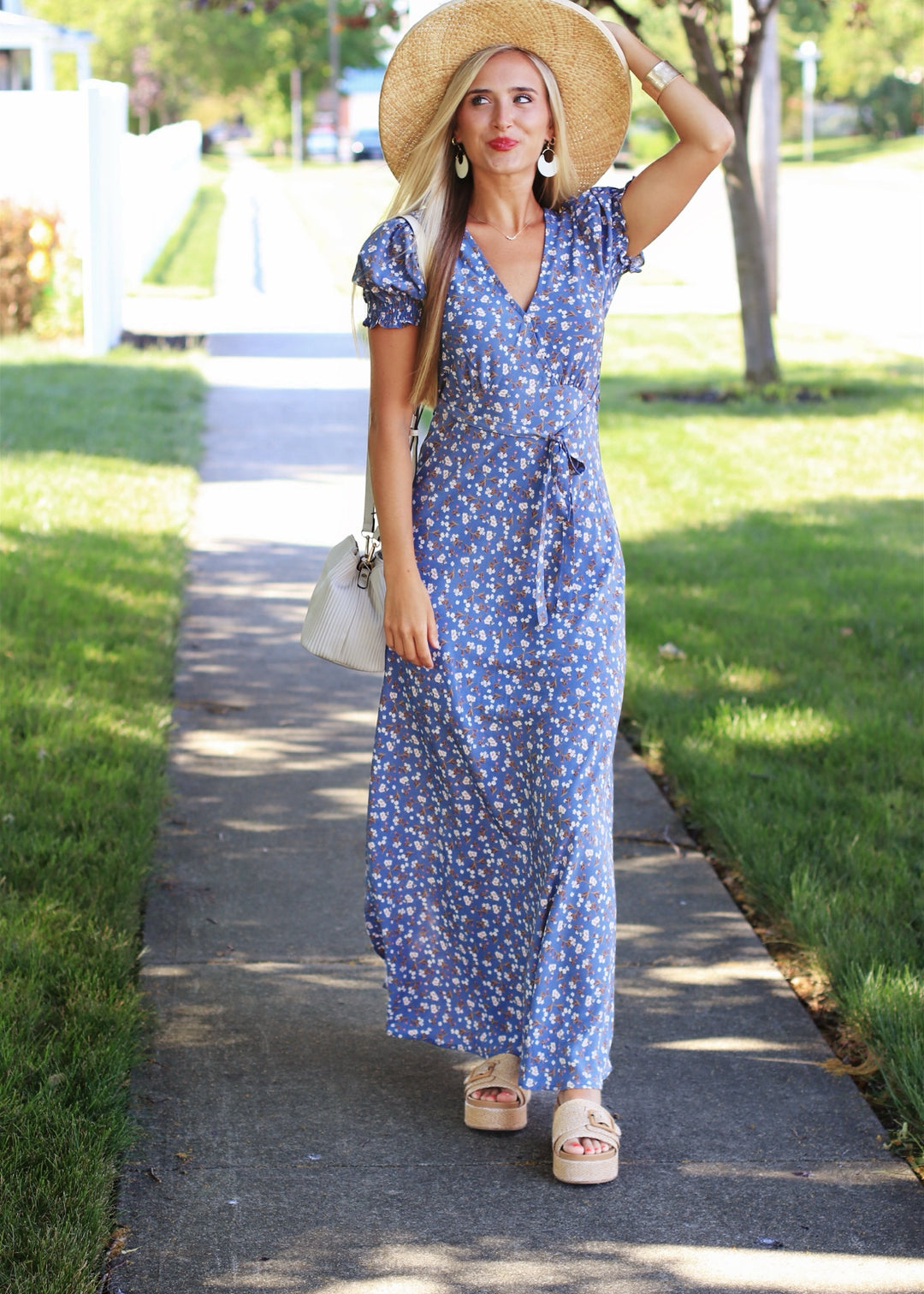 Boho Floral Print Dess in Blue