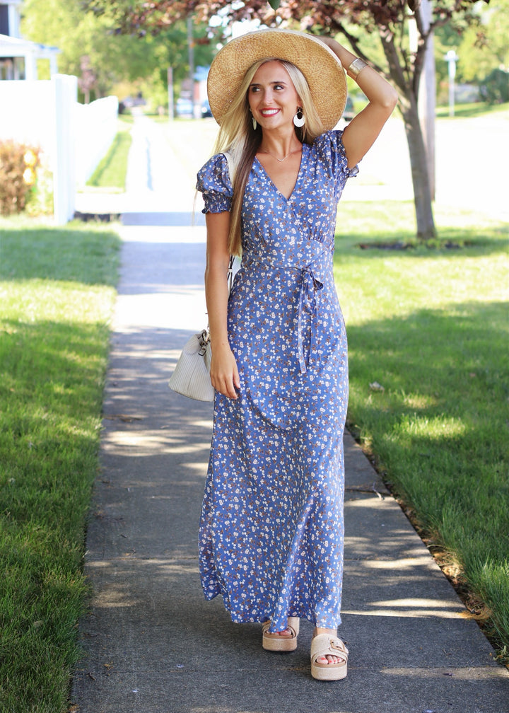 Boho Floral Print Dess in Blue