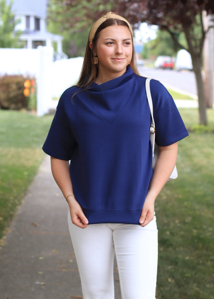 Smoky Navy Scuba Cowl Neck Top