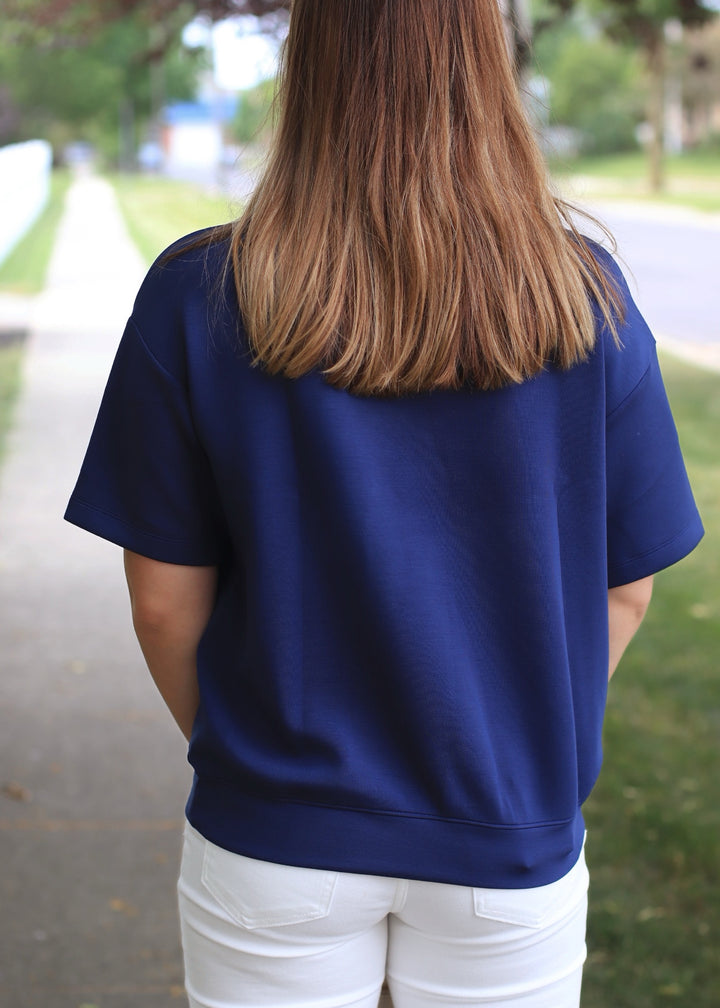 Smoky Navy Scuba Cowl Neck Top