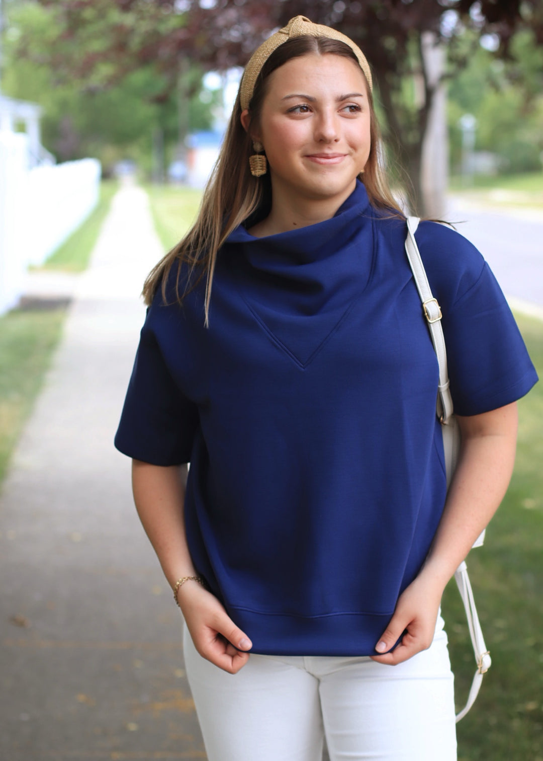 Smoky Navy Scuba Cowl Neck Top