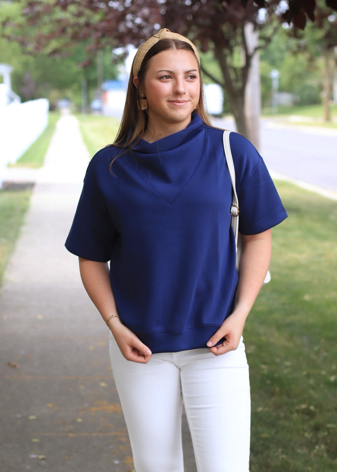 Smoky Navy Scuba Cowl Neck Top