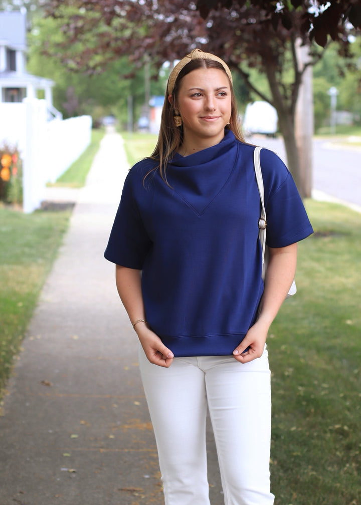 Smoky Navy Scuba Cowl Neck Top