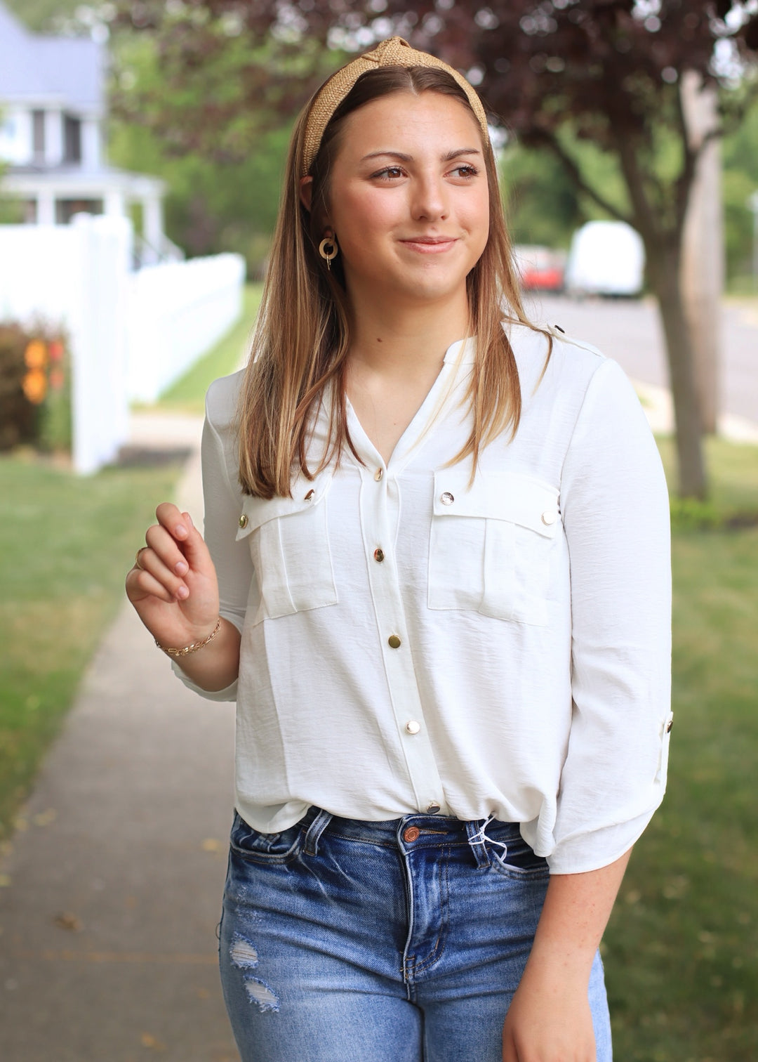 Gold Snap Button Down Shirt in White