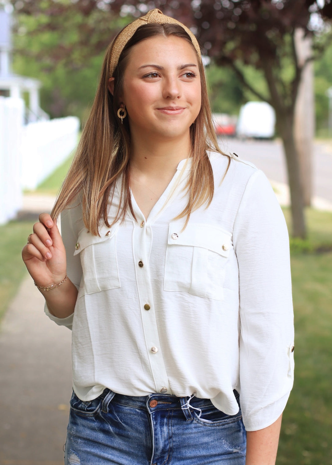 Gold Snap Button Down Shirt in White