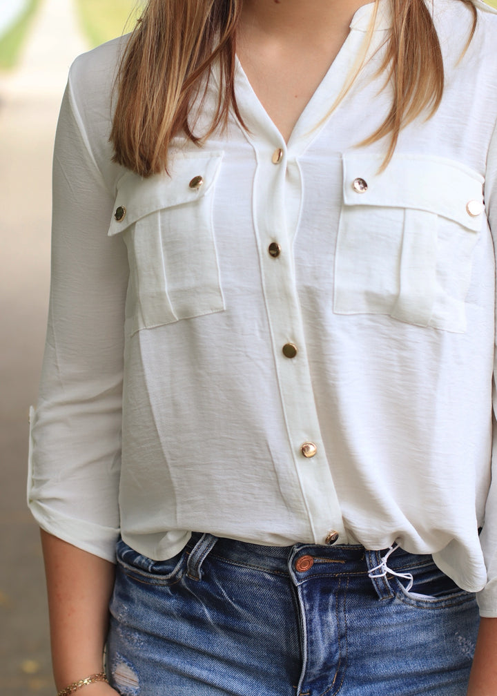 Gold Snap Button Down Shirt in White