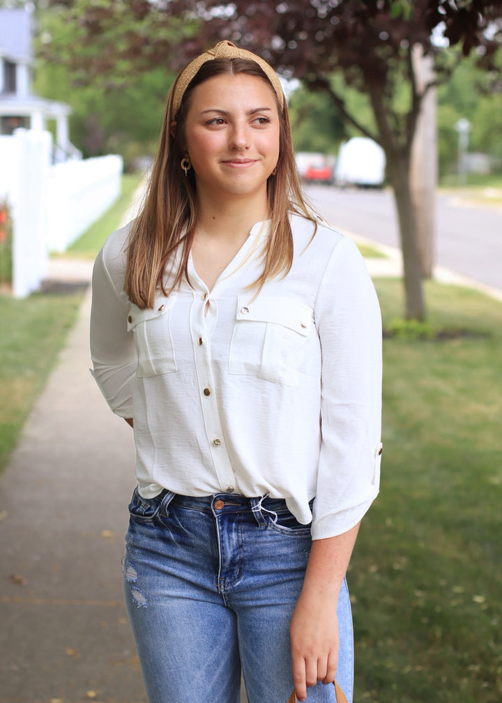 Gold Snap Button Down Shirt in White