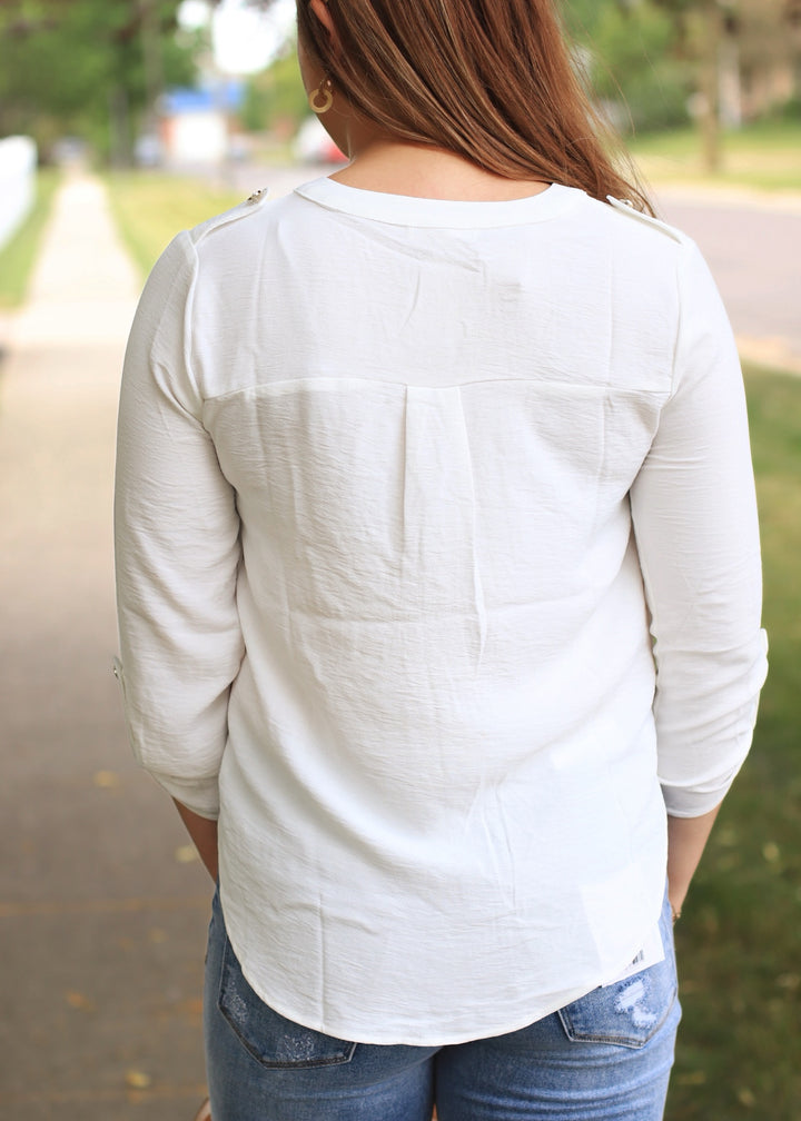 Gold Snap Button Down Shirt in White