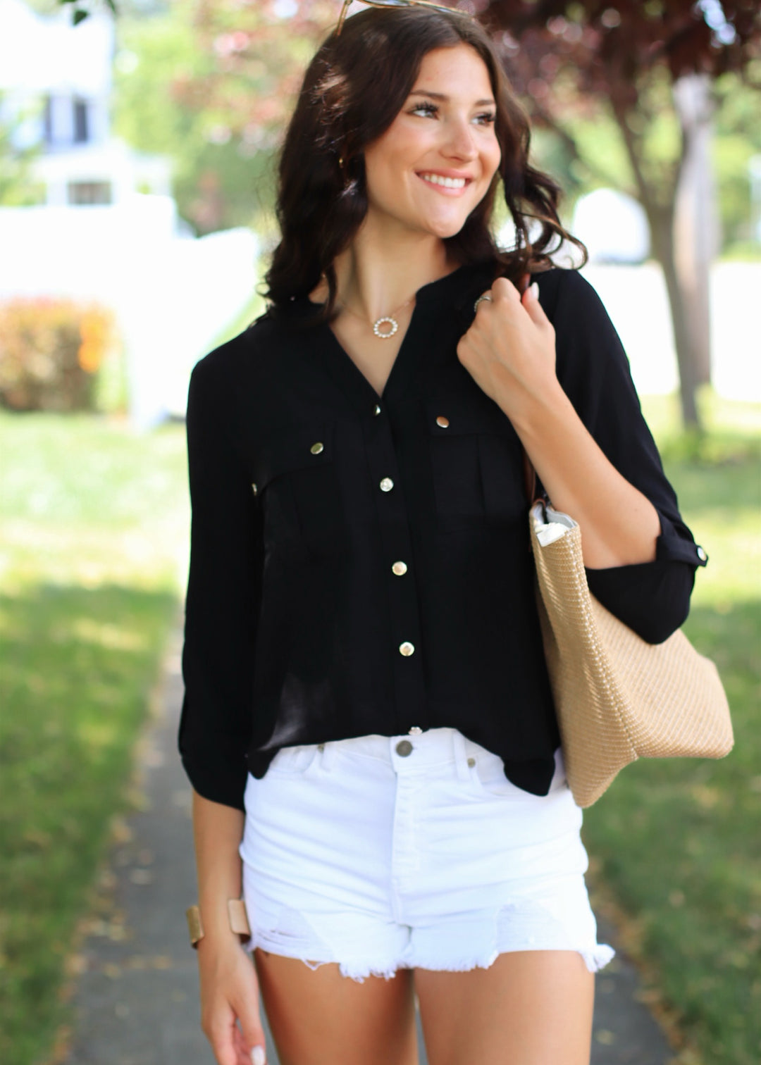 Gold Snap Button Down Shirt in Black