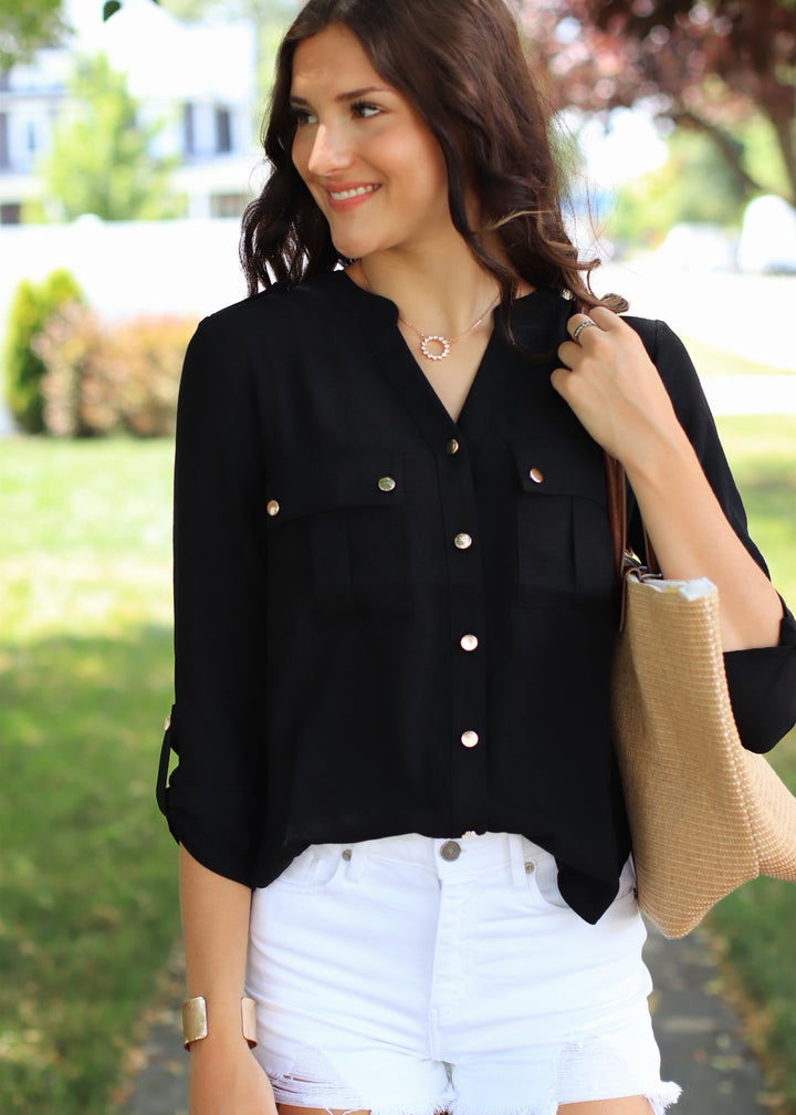 Gold Snap Button Down Shirt in Black