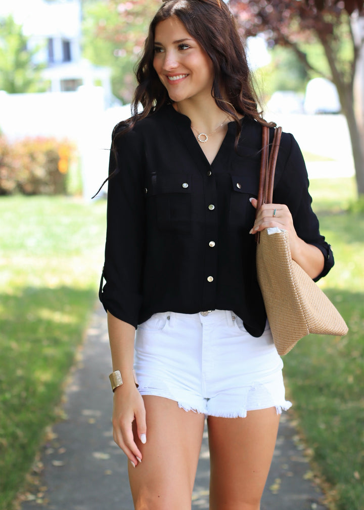 Gold Snap Button Down Shirt in Black