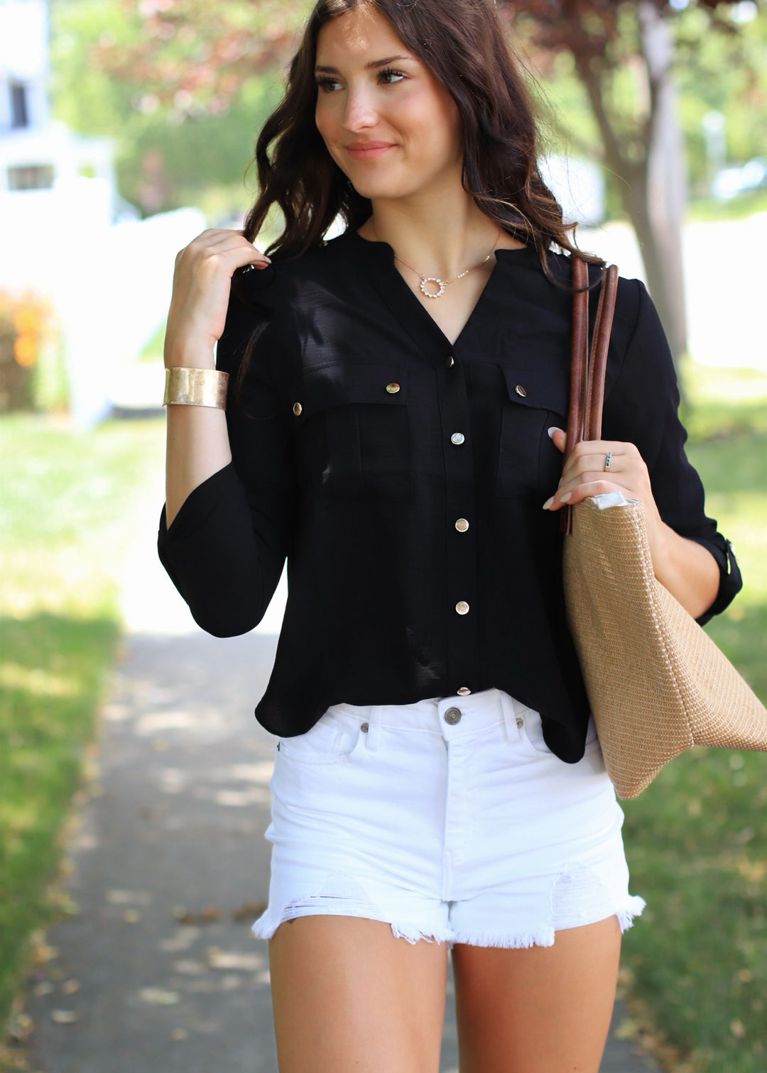 Gold Snap Button Down Shirt in Black