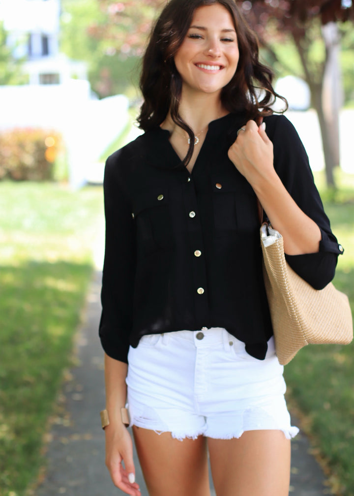 Gold Snap Button Down Shirt in Black