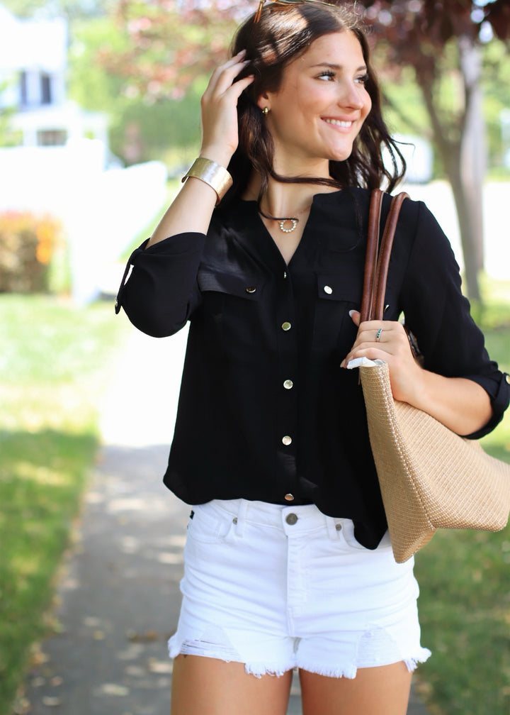 Gold Snap Button Down Shirt in Black