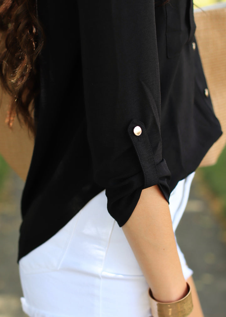 Gold Snap Button Down Shirt in Black