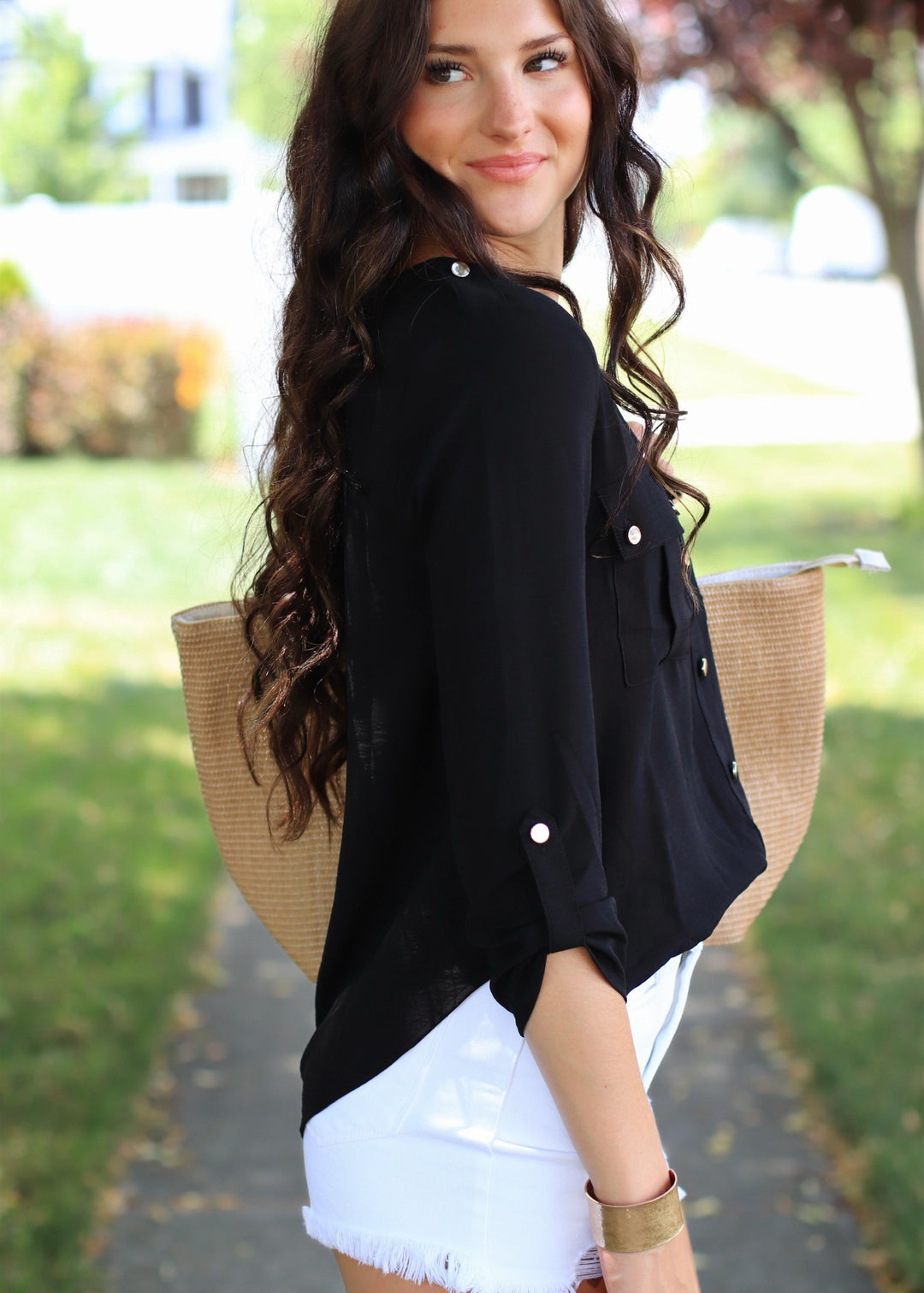 Gold Snap Button Down Shirt in Black