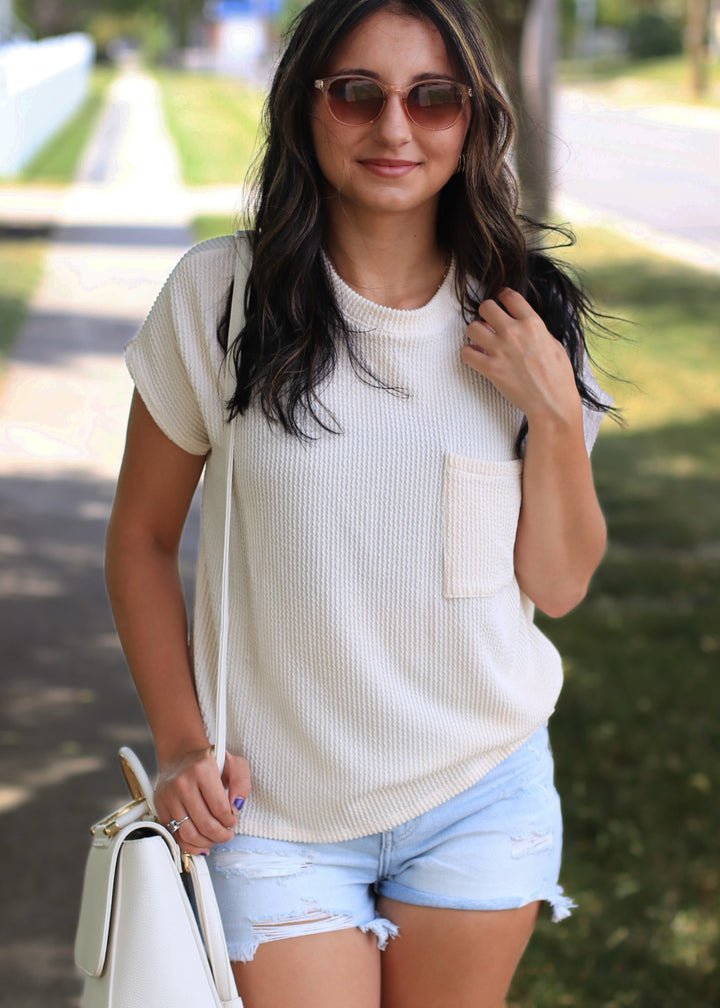 Breckyn Solid Ribbed Top with Pockets in Eggshell