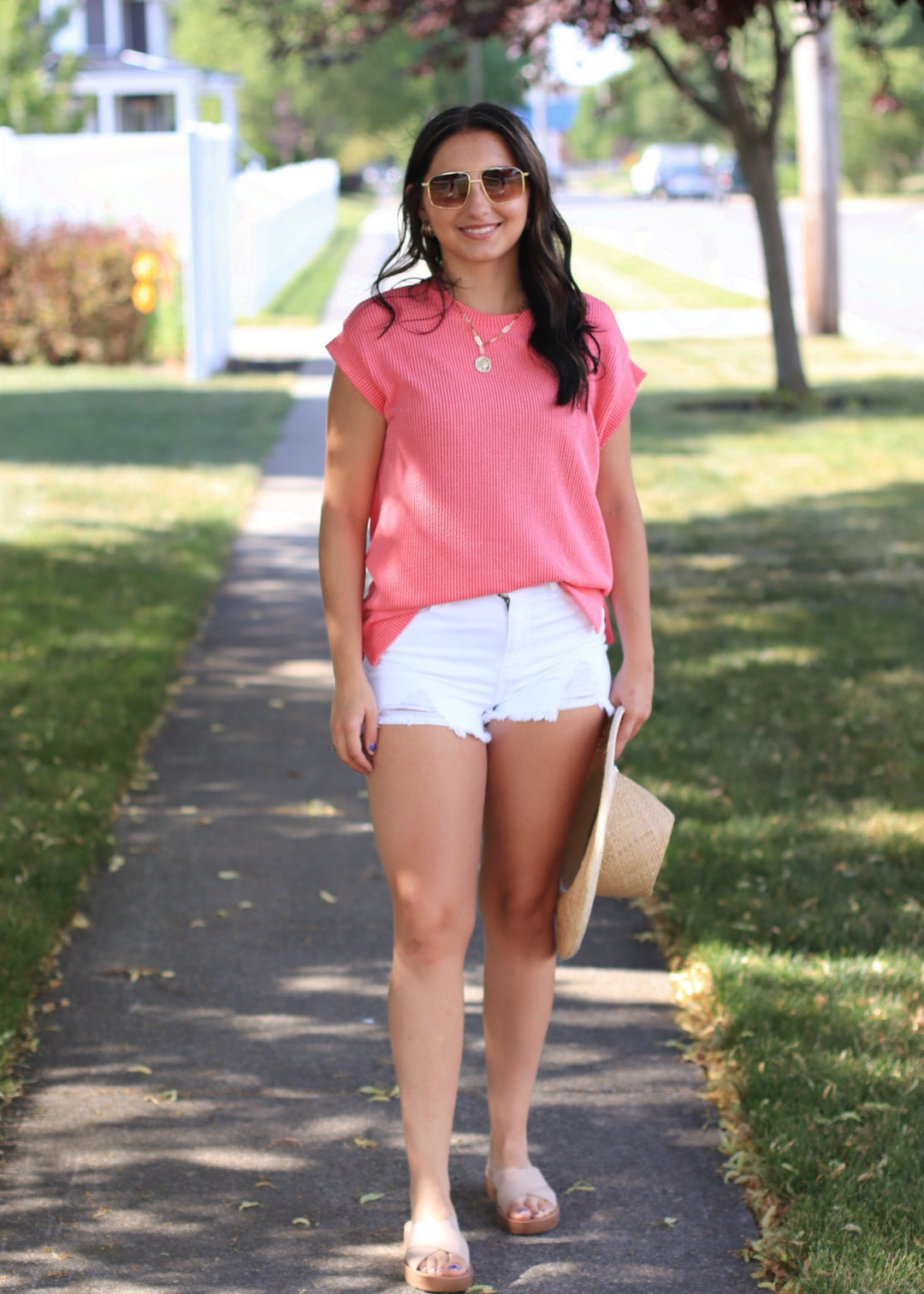 Ana Sleeveless Solid Ribbed Top in Coral